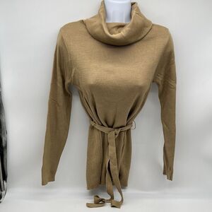 VTG Joyce Women’s Belted Turtleneck Long Sleeve Tan Knit Sweater Acrylic-Size M